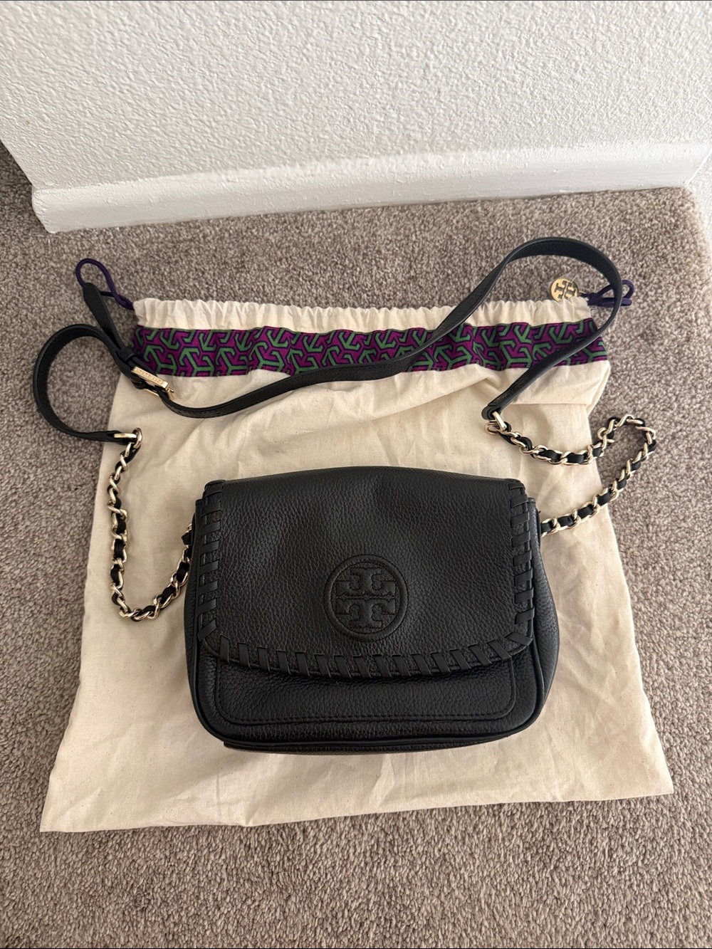 Tory Burch Black Whipstitch Leather Crossbody with Chain Strap
